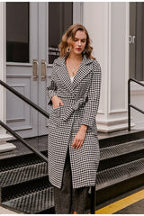Houndstooth long wool coat belt with pocket