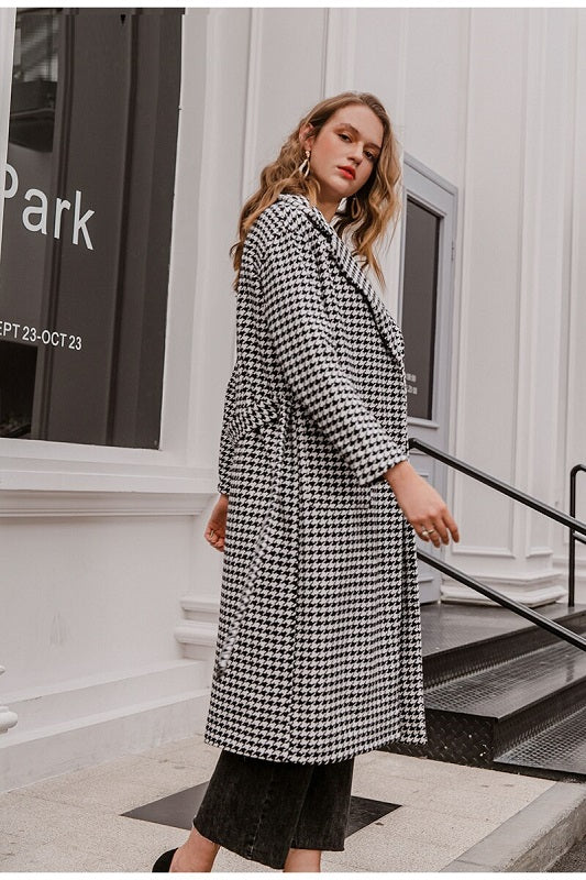 Houndstooth long wool coat belt with pocket