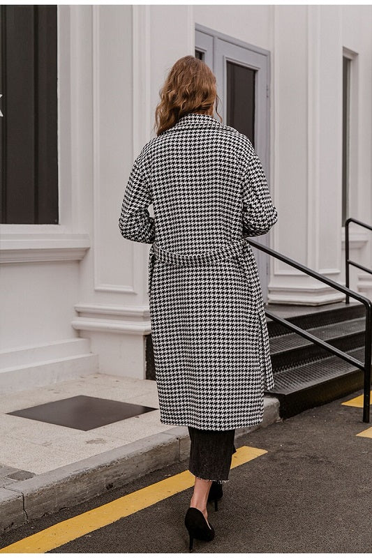 Houndstooth long wool coat belt with pocket