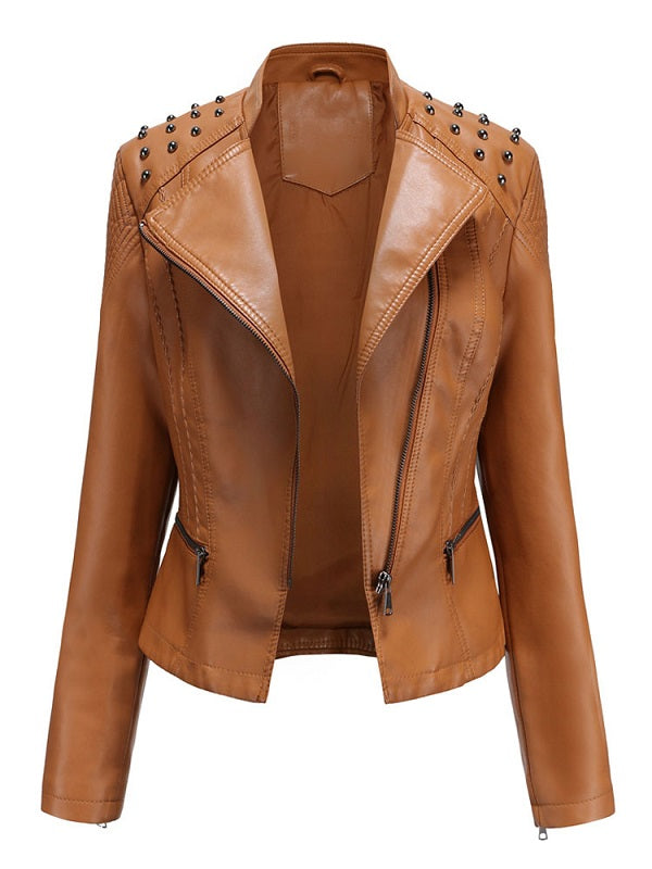 Jacket Leather Turndown Collar Long Sleeve Short Jacket