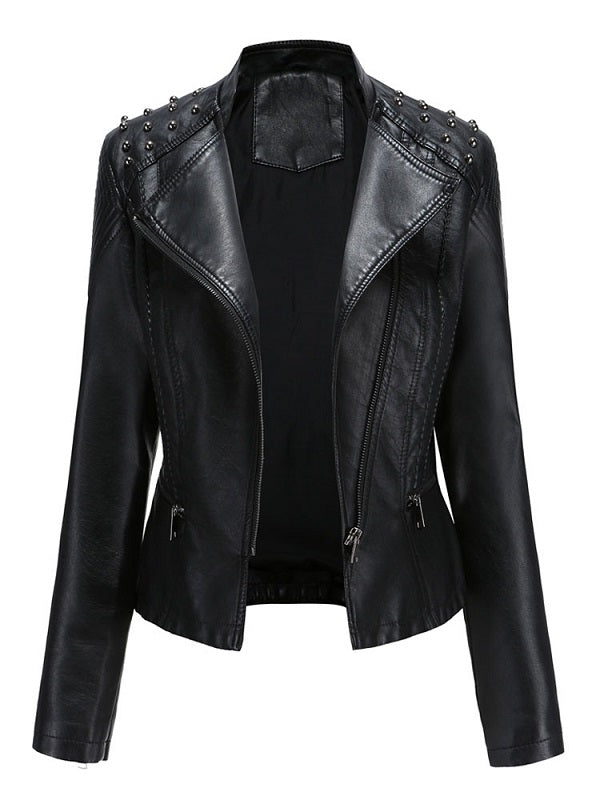 Jacket Leather Turndown Collar Long Sleeve Short Jacket