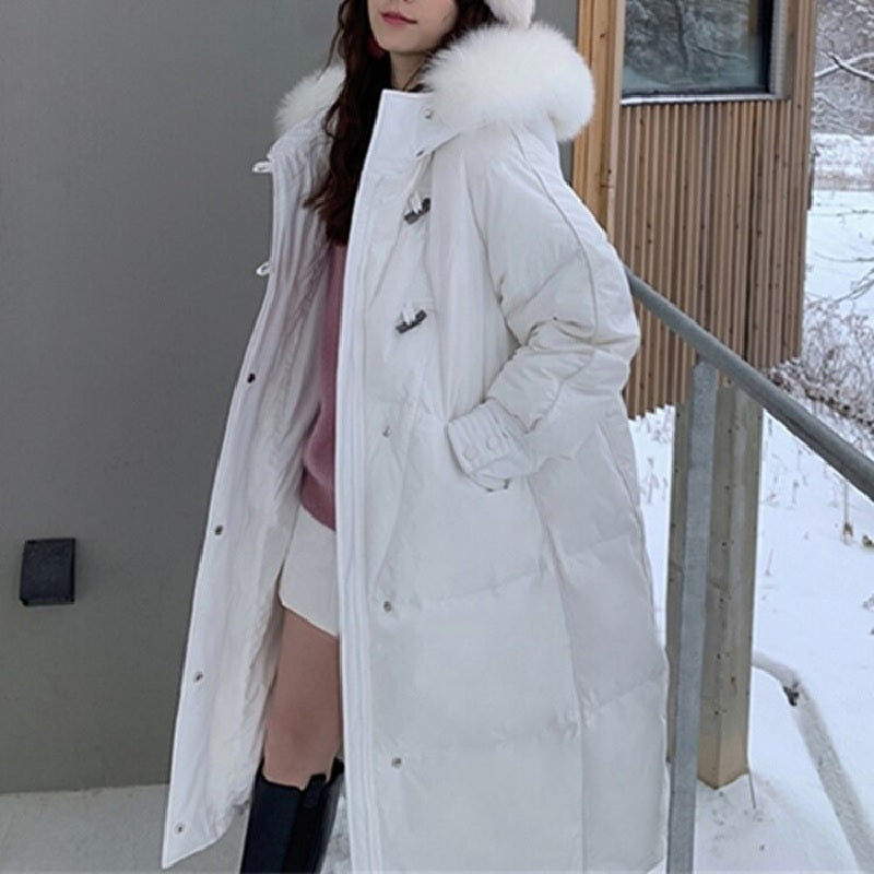 Jacket Pockets Fur Collar Puffer Long Down Hooded Coat