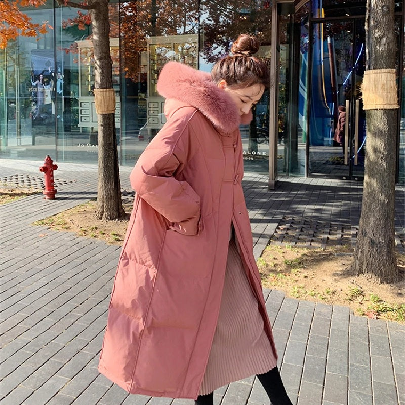 Jacket Pockets Fur Collar Puffer Long Down Hooded Coat