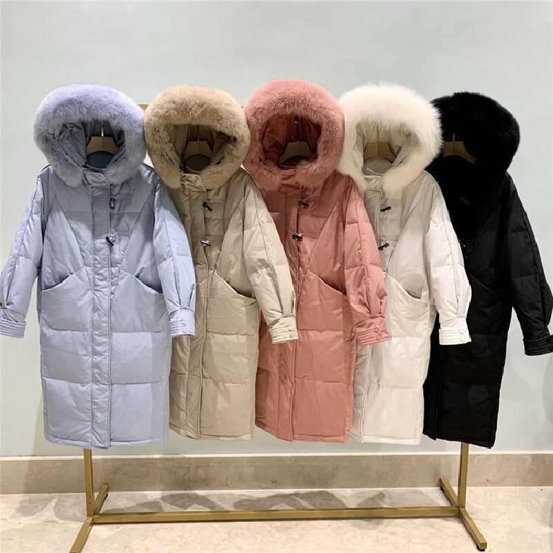 Jacket Pockets Fur Collar Puffer Long Down Hooded Coat