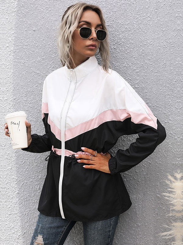 Jacket Stand Collar Long Sleeves Two-Tone Polyester Coats