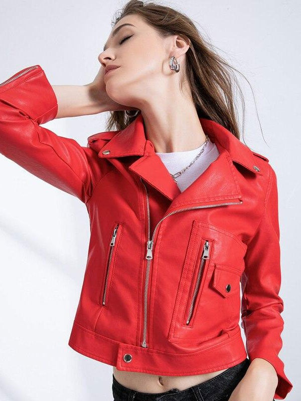 Jacket Turndown Collar High Low Design PU Leather Jacket