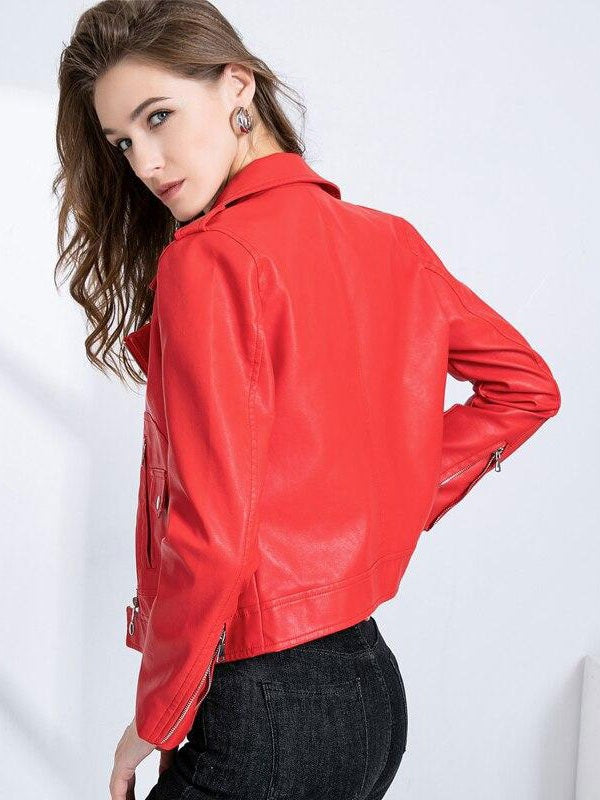 Jacket Turndown Collar High Low Design PU Leather Jacket
