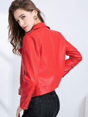 Jacket Turndown Collar High Low Design PU Leather Jacket