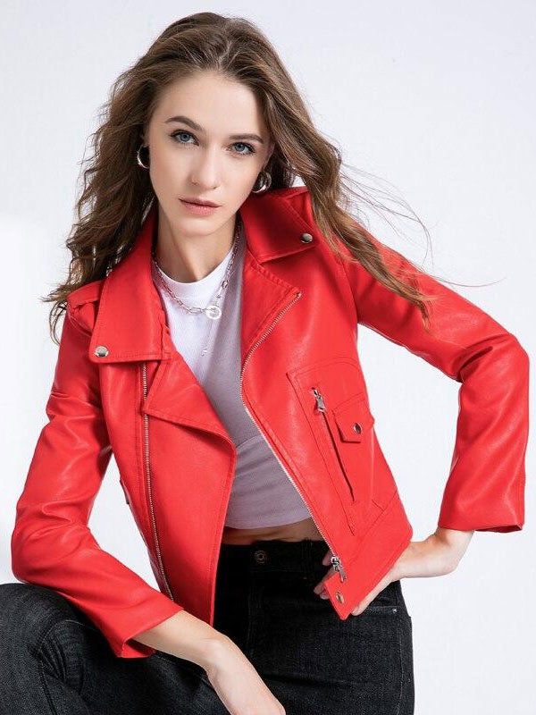 Jacket Turndown Collar High Low Design PU Leather Jacket