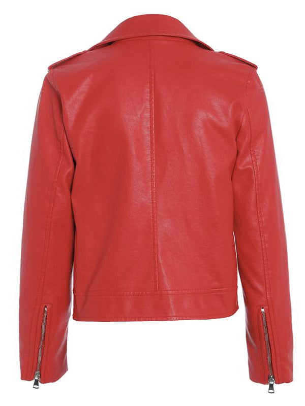 Jacket Turndown Collar High Low Design PU Leather Jacket