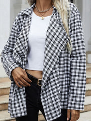 Jacket Turndown Collar Plaid Pattern Long Overcoat