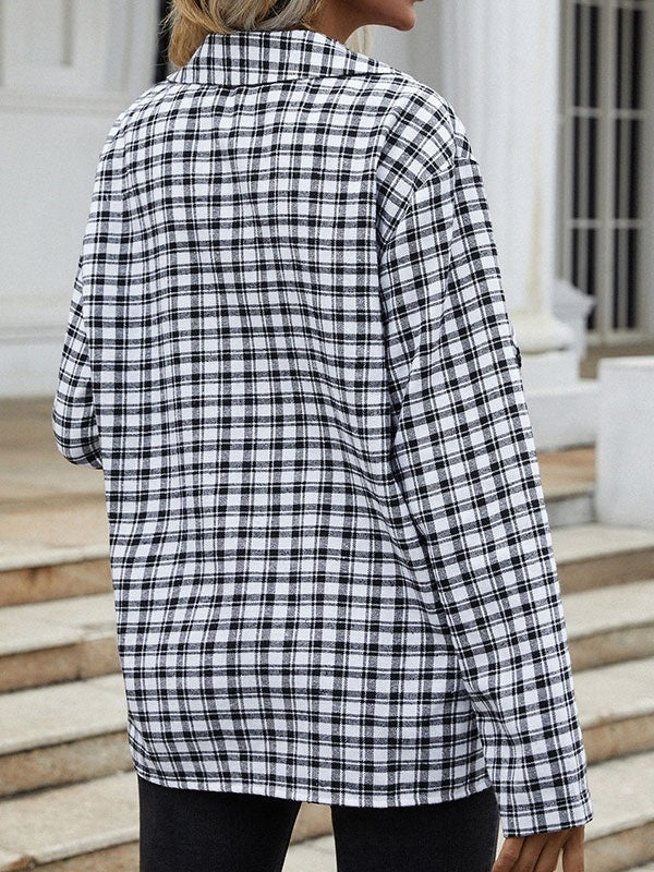 Jacket Turndown Collar Plaid Pattern Long Overcoat