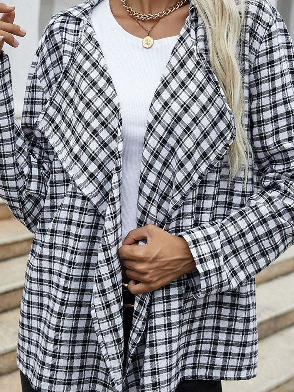 Jacket Turndown Collar Plaid Pattern Long Overcoat