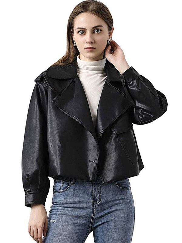 Jackets Leather Turndown Collar Long Sleeve Jacket