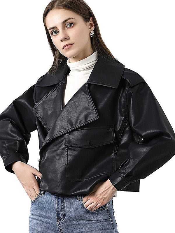 Jackets Leather Turndown Collar Long Sleeve Jacket