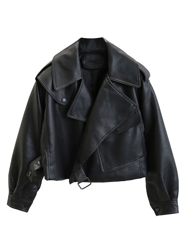 Jackets Leather Turndown Collar Long Sleeve Jacket