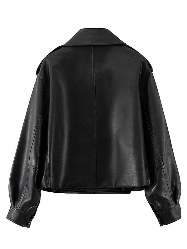Jackets Leather Turndown Collar Long Sleeve Jacket