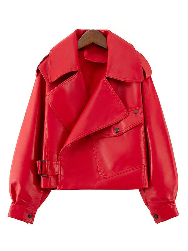 Jackets Leather Turndown Collar Long Sleeve Jacket