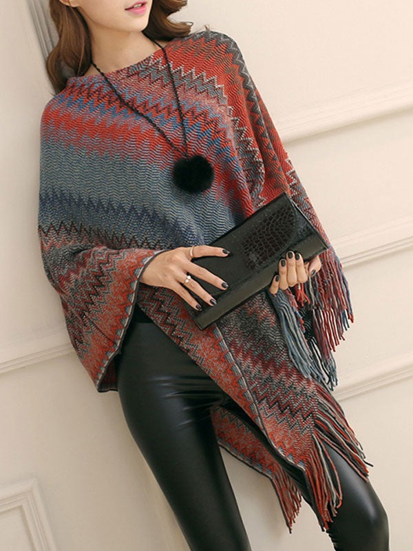Jewel Neck Layered Fringe Cape