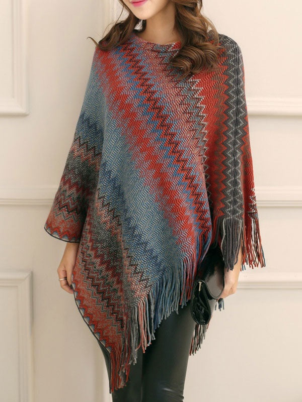 Jewel Neck Layered Fringe Cape