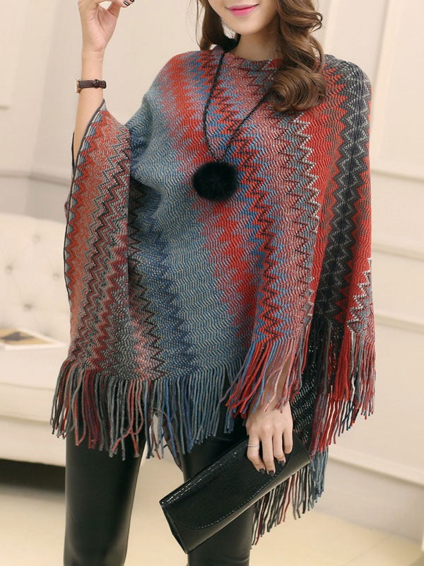 Jewel Neck Layered Fringe Cape