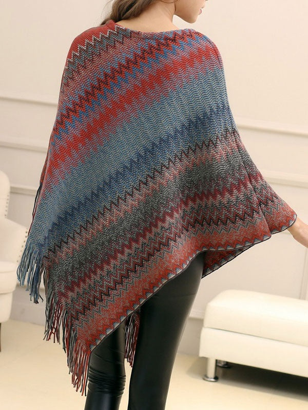 Jewel Neck Layered Fringe Cape