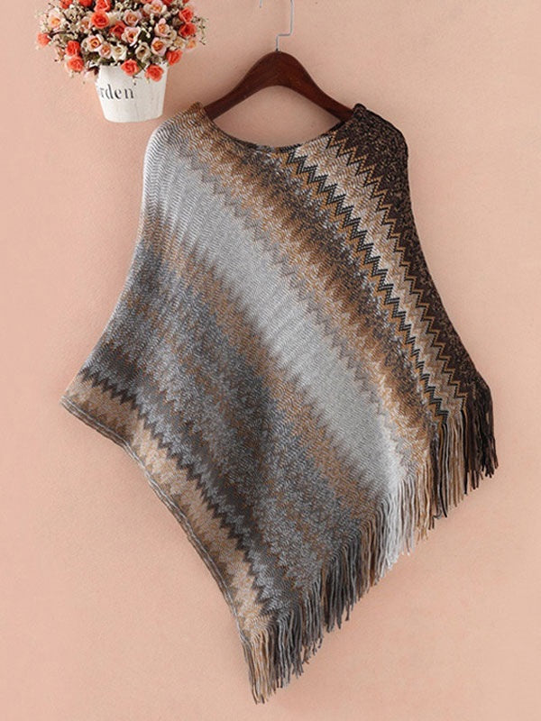 Jewel Neck Layered Fringe Cape