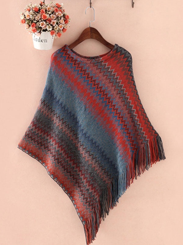 Jewel Neck Layered Fringe Cape