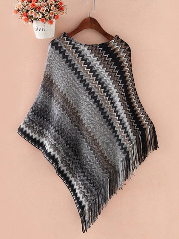 Jewel Neck Layered Fringe Cape