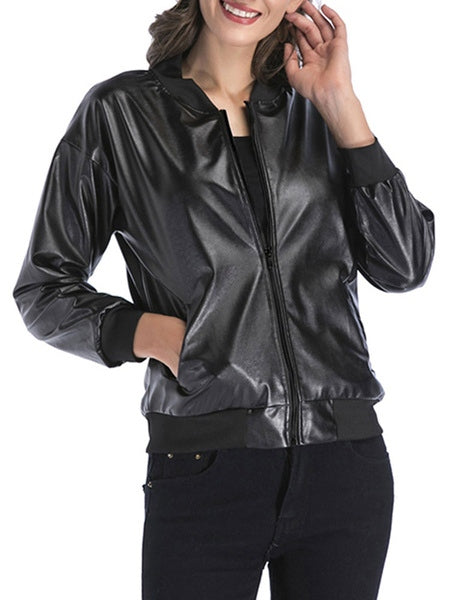 Jewel Neck Long Sleeve Zip Up PU Leather Bomber Jackets