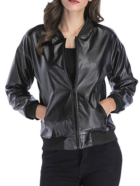 Jewel Neck Long Sleeve Zip Up PU Leather Bomber Jackets