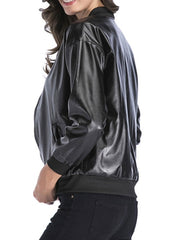 Jewel Neck Long Sleeve Zip Up PU Leather Bomber Jackets
