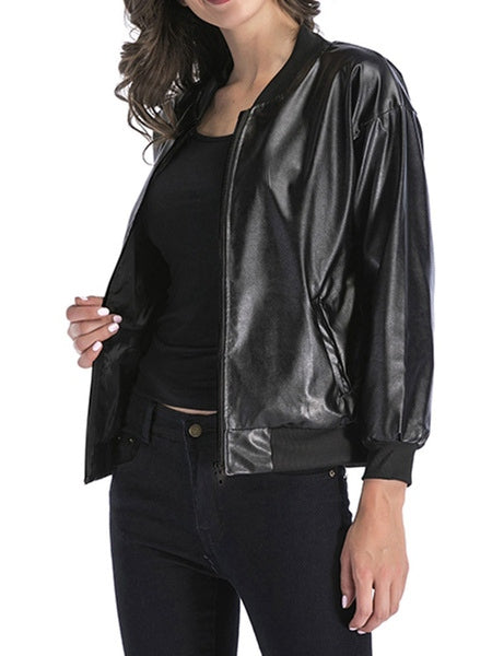Jewel Neck Long Sleeve Zip Up PU Leather Bomber Jackets