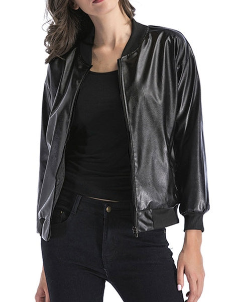 Jewel Neck Long Sleeve Zip Up PU Leather Bomber Jackets
