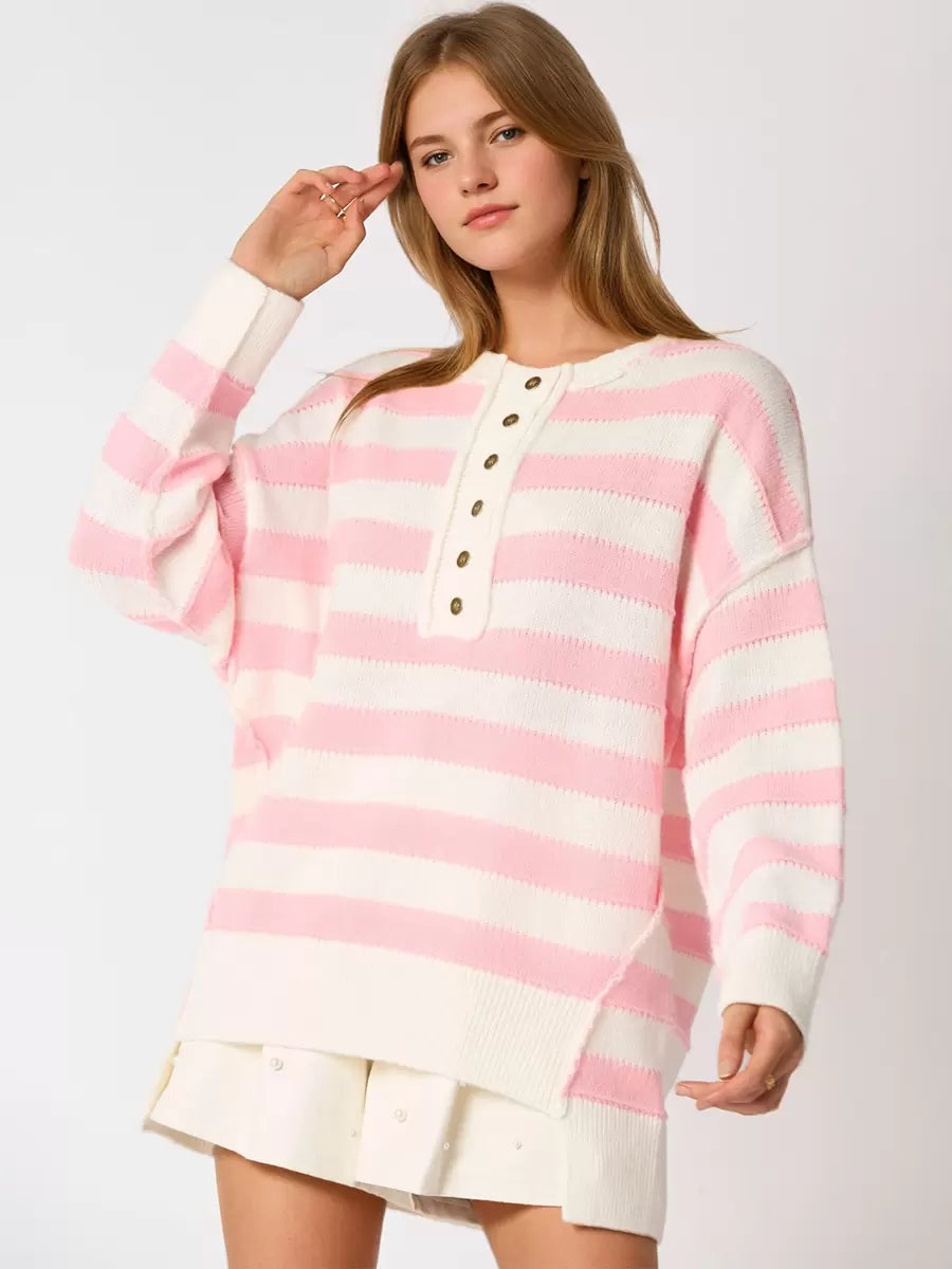 Jewel Neck Long Sleeves Buttons Stripes Pullover Elegant Sweater