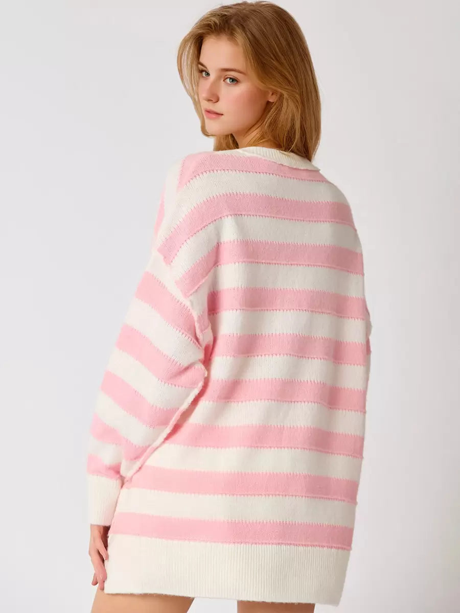 Jewel Neck Long Sleeves Buttons Stripes Pullover Elegant Sweater