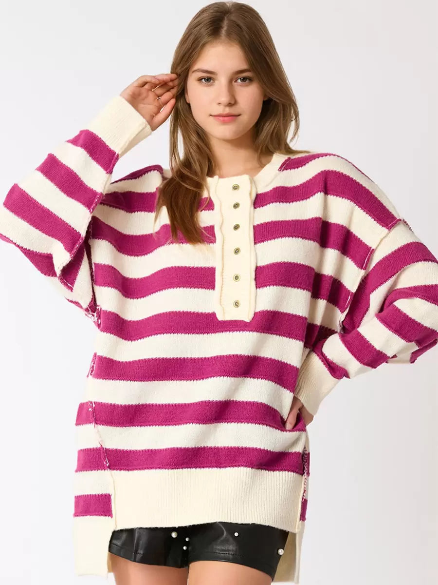 Jewel Neck Long Sleeves Buttons Stripes Pullover Elegant Sweater