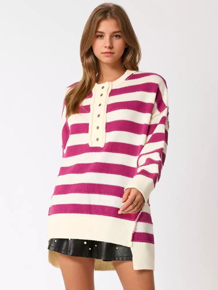 Jewel Neck Long Sleeves Buttons Stripes Pullover Elegant Sweater