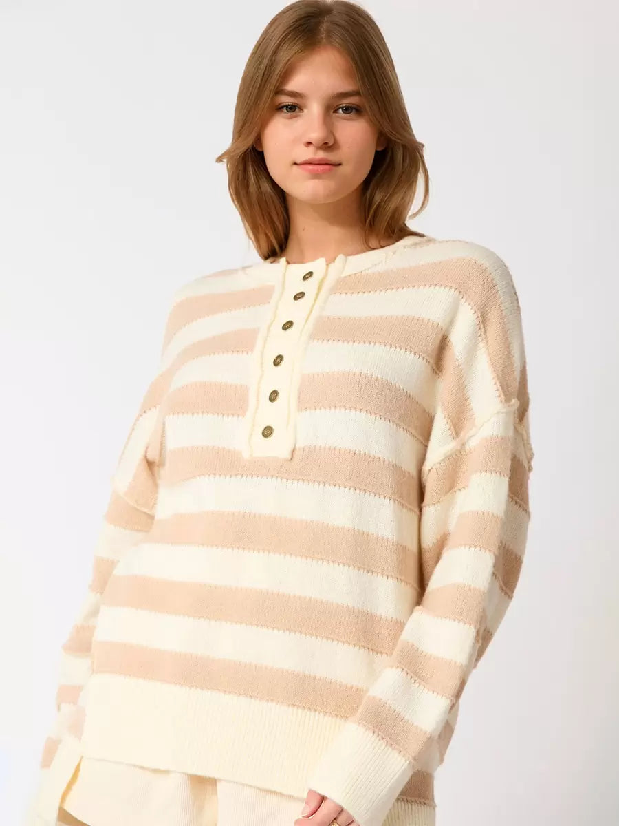Jewel Neck Long Sleeves Buttons Stripes Pullover Elegant Sweater