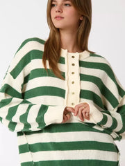 Jewel Neck Long Sleeves Buttons Stripes Pullover Elegant Sweater