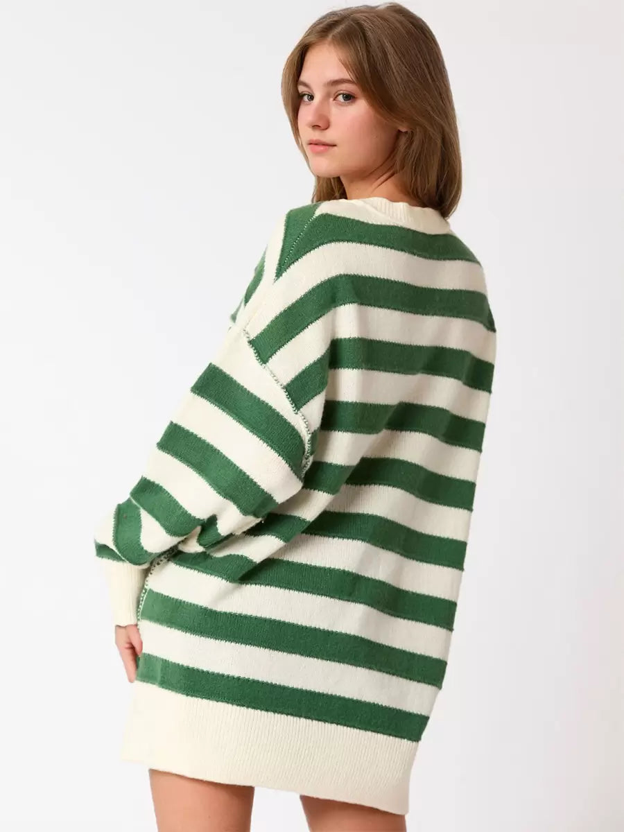 Jewel Neck Long Sleeves Buttons Stripes Pullover Elegant Sweater