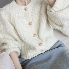 Kintted Open Stitch Single Breasted O Neck Full Solid Loose Sweaters