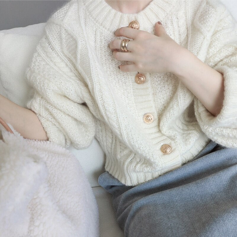 Kintted Open Stitch Single Breasted O Neck Full Solid Loose Sweaters