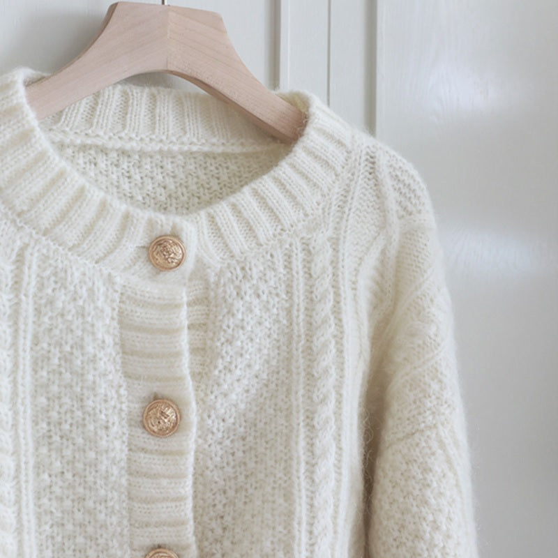 Kintted Open Stitch Single Breasted O Neck Full Solid Loose Sweaters