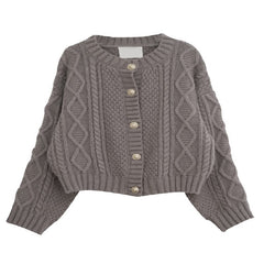 Kintted Open Stitch Single Breasted O Neck Full Solid Loose Sweaters