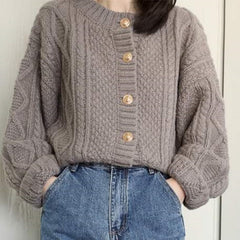 Kintted Open Stitch Single Breasted O Neck Full Solid Loose Sweaters