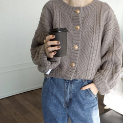 Kintted Open Stitch Single Breasted O Neck Full Solid Loose Sweaters