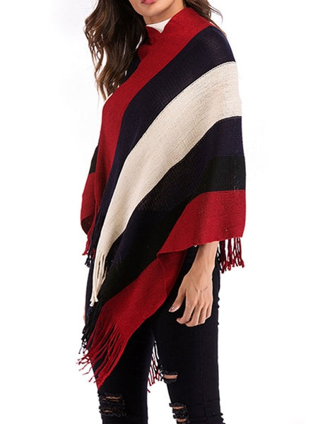 Knit Poncho Geometric Jewel Neck Long Sleeve Cape Coat