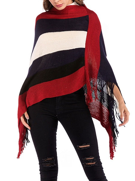 Knit Poncho Geometric Jewel Neck Long Sleeve Cape Coat