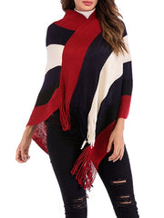 Knit Poncho Geometric Jewel Neck Long Sleeve Cape Coat